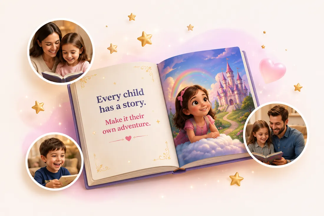 Families enjoying a personalized MyMagicStory book with a magical open storybook illustration